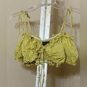 PRETTYLITTLETHING YELLOW/WHITE GINGHAM CROP TOP SZ 2